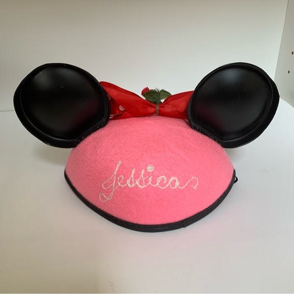 VINTAGE DISNEYLAND KIDS PINK / BLACK MINNIE MOUSE EARS EMBROIDERED HAT JESSICA - Picture 3 of 5